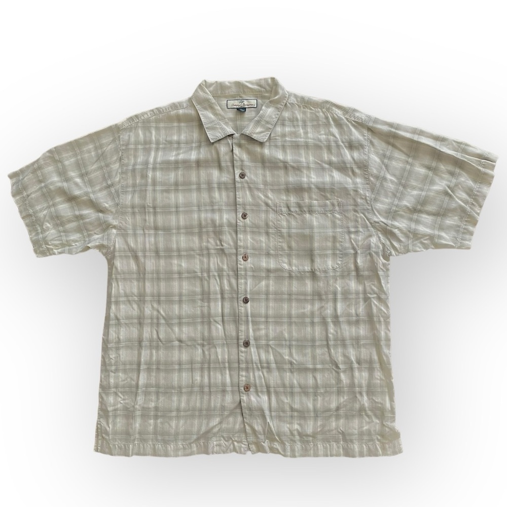 Tommy Bahama 100% silk men’s button down casual short sleeve shirt size XL beige